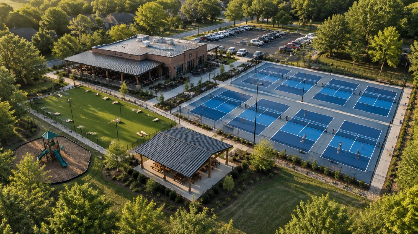 Concept aerial rendering of a restaurant, eight pickleball courts, a turf lawn, a pavilion and parking on a wooded lot