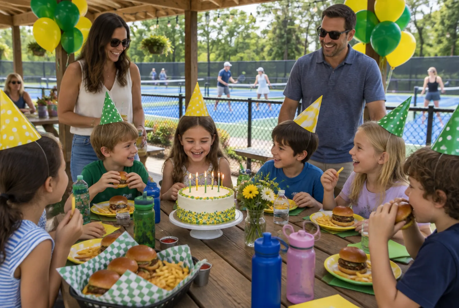 Concept photo of a kids' birthday party with sliders and cake under a covered pavilion beside the courts
