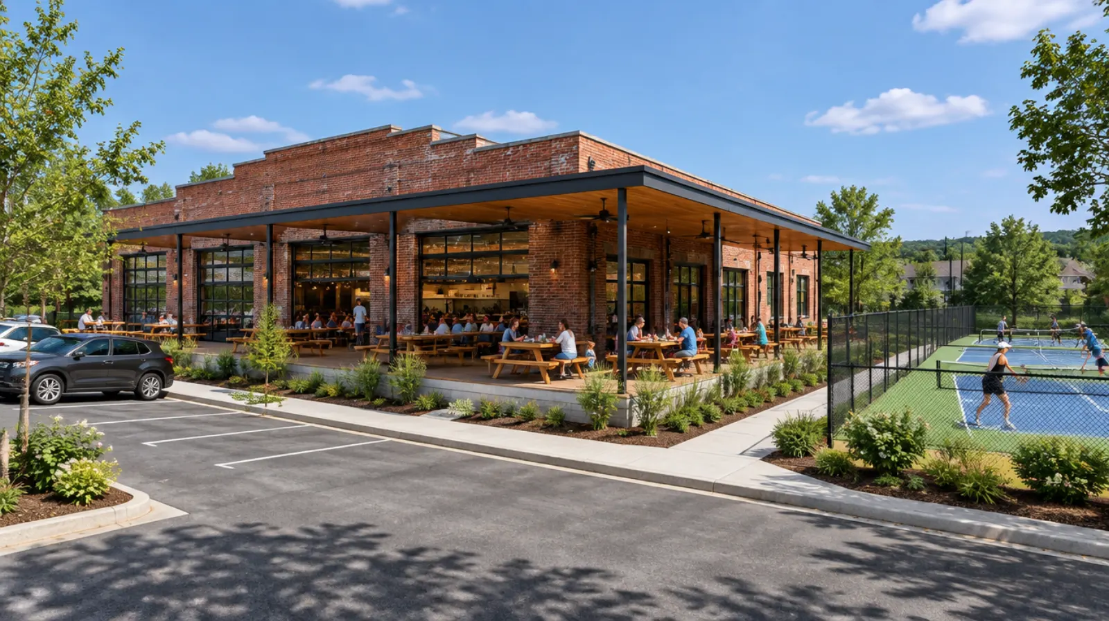 Concept rendering of the Burger & Pickle restaurant building with a covered patio beside the courts