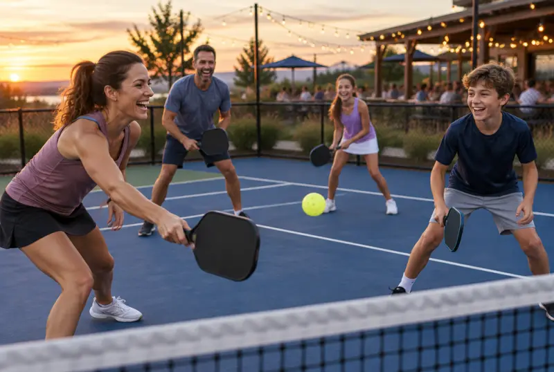 Concept photo of a family playing doubles pickleball at sunset