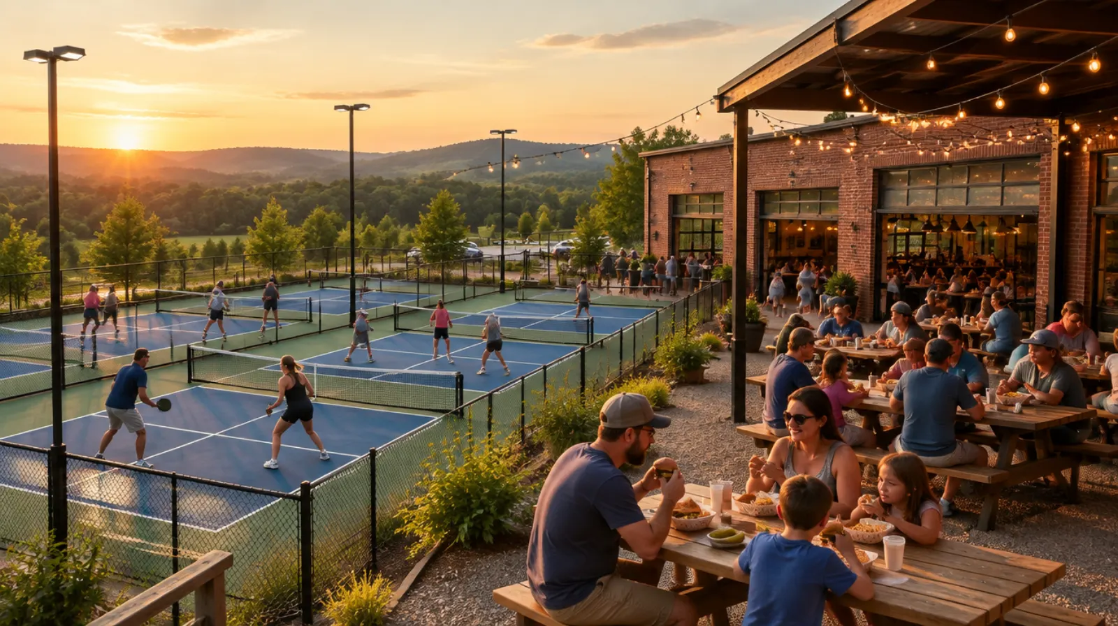 Concept rendering of a golden-hour patio with families eating burgers beside outdoor pickleball courts