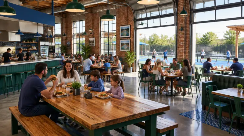 Concept rendering of a bright warehouse-style dining room with garage doors open to the courts