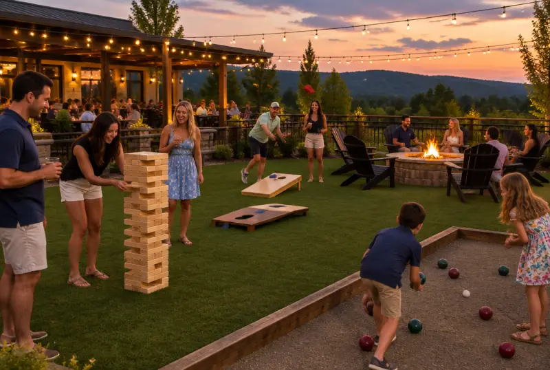 Concept photo of families playing giant Jenga and cornhole on a turf lawn at dusk