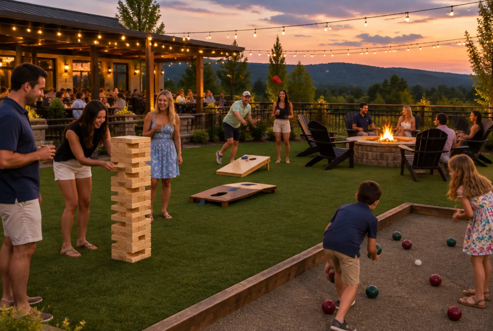 Concept photo of friends and families playing lawn games beside a fire pit under string lights
