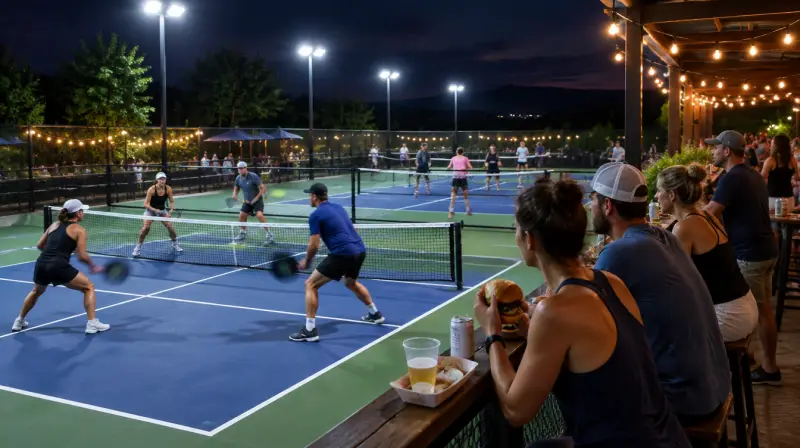 Concept photo of adults playing a league match under court lights while friends watch from the patio