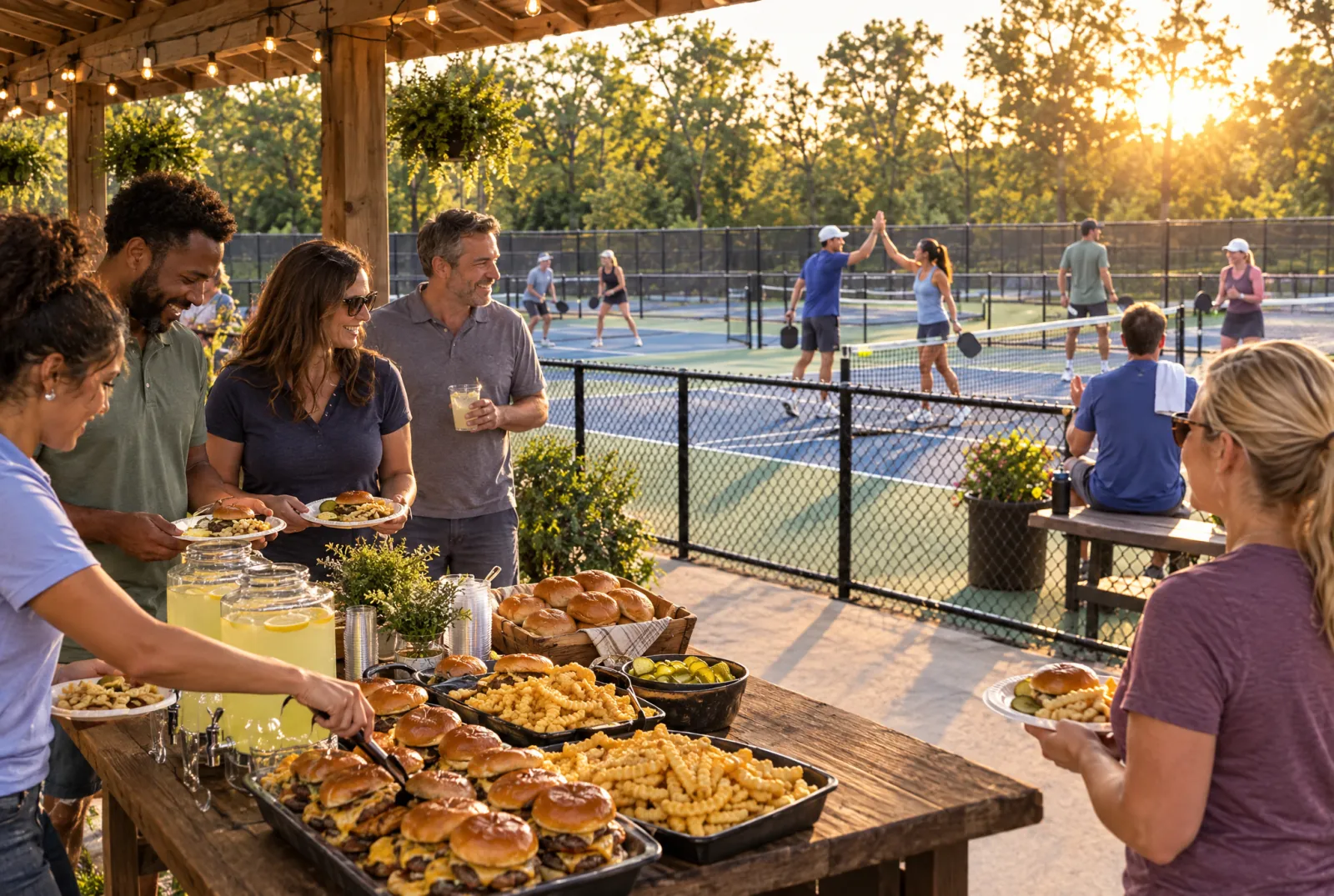 Concept photo of coworkers at a burger buffet while colleagues play round-robin pickleball on the courts