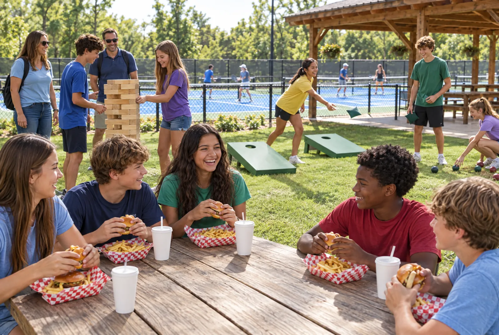 Concept photo of a youth group eating sliders at a picnic table beside cornhole, giant blocks and the courts