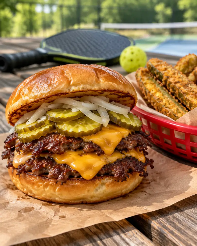 Concept photo of a double smash burger with crinkle-cut pickles